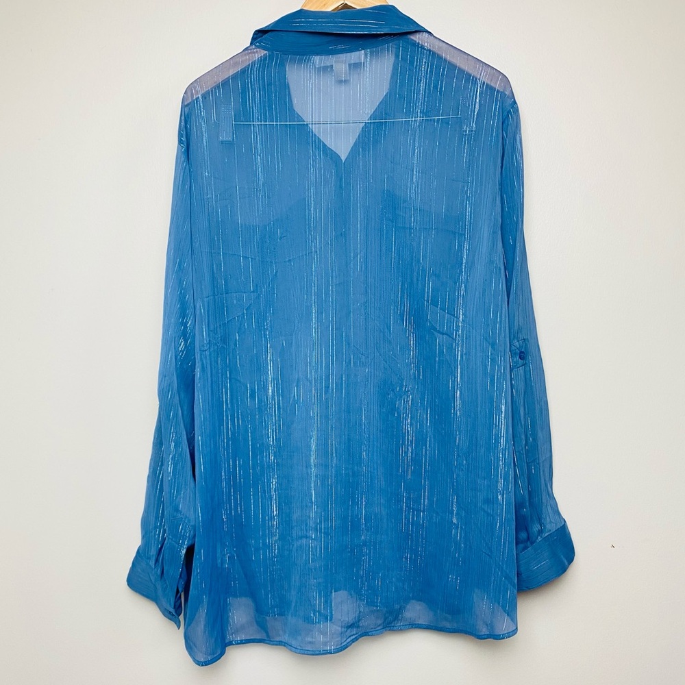 Michael Kors Blue Sheer‎ Metallic Striped Button Up Blouse Women's 2X - Picture 7 of 7